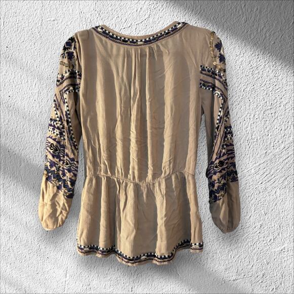 Free People Peasant Blouse Embroidered SP Wrap Look Deep V-neck Boho Hippie - Picture 3 of 10